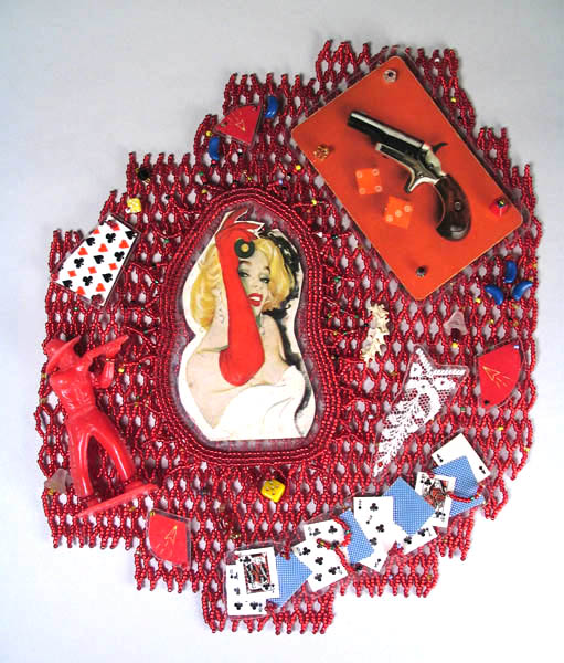 Teresa Sullivan beaded tapestry with found objects